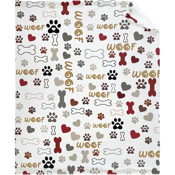 Cartoon Dog Paws Prints Flannel Fleece Bed Blanket, Birthday Dog Lover Blanket Lightweight Cozy for Bedroom All Season Gift, 50x60in Fleece Blanket