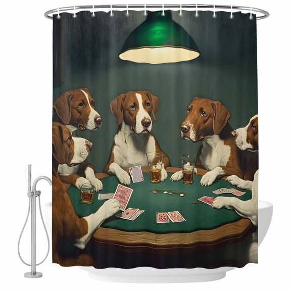Cartoon Dog Playing Cards Fabric Shower Curtain Poker Games Washable Shower Curtains for Bathroom, Waterproof Bath Curtain with Hooks Home Decor 36x72in