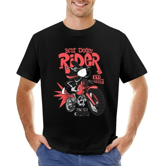 Cartoon Dog Riding A Motorcycle Men’s Graphic T-shirt Vintage Short Sleeve Sport Tee Black L