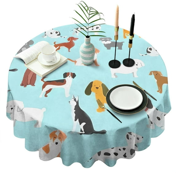 Cartoon Dog Round Tablecloth 60"x60",Wrinkle Wipeable Table Cloth for Kitchen Dining Room Picnic Patio Party