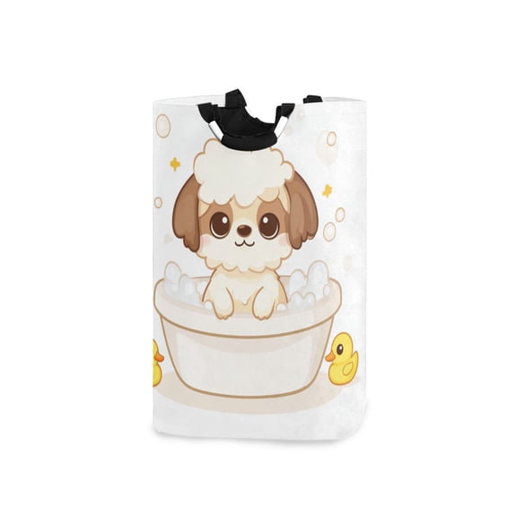 Cartoon Dog Rubber Ducks Laundry Basket with Handles Foldable Laundry Hamper Freestanding Washing Bin 50L
