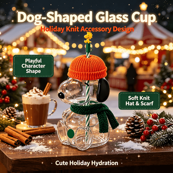 Cartoon DogShaped Glass Snoo.py Inspired Tumbler with Knit Hat & Scarf, Reusable Straw Cup, 16oz Novelty Drinking Cup for Halloween and Christmas Gifts