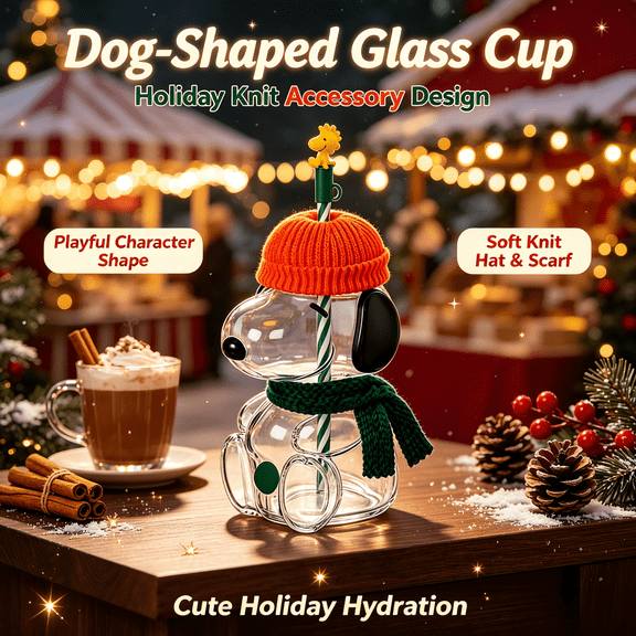 Cartoon DogShaped Glass Snoo.py Inspired Tumbler with Knit Hat & Scarf, Reusable Straw Cup, 20 oz Novelty Drinking Cup for Juice Milk Tea Smoothies Water Halloween and Christmas Gifts