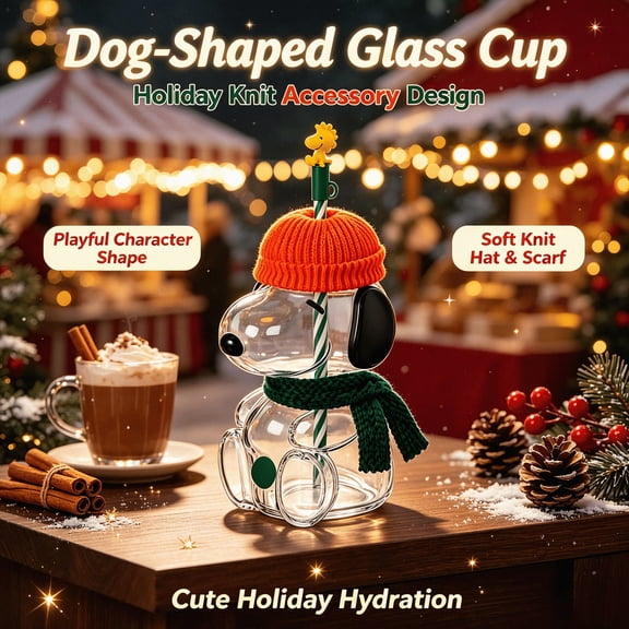Cartoon DogShaped Glass Snoo.py Inspired Tumbler with Knit Hat & Scarf, Reusable Straw Cup, 20 oz Novelty Drinking Cup for Juice Milk Tea Smoothies Water Halloween and Christmas Gifts
