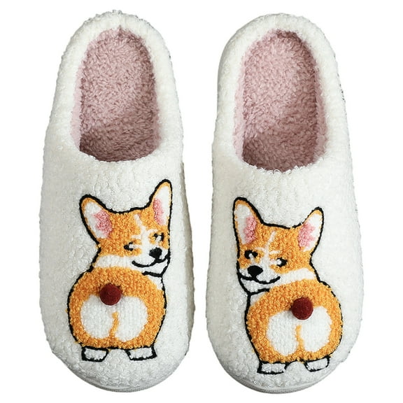 Cartoon Dog Slippers for Women Men, Retro Fluffy Plush Corgi House Shoes for Indoor Outdoor Winter Home Gifts (White 40-41)