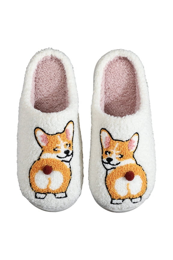 Cartoon Dog Slippers for Women Men, Retro Fluffy Plush Corgi House Shoes for Indoor Outdoor Winter Home Gifts (White 40-41)