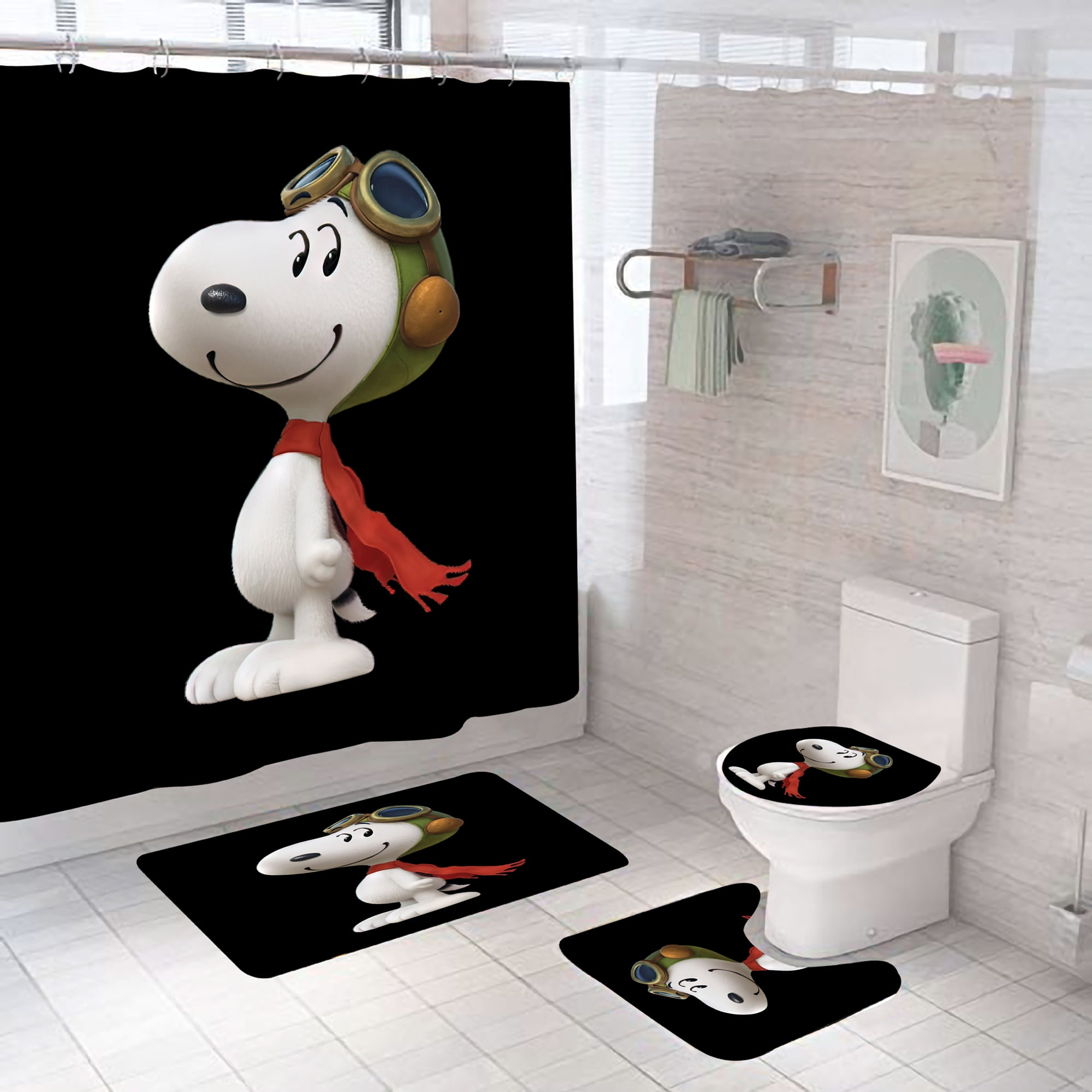 Cartoon Dog Snoopy Shower Curtain, Bathroom 4 Pieces Set Toilet Lid Cover and Bath Mat, Non-Slip Rugs, Durable and Waterproof, for Bathroom Decor Set, 72" x 72"