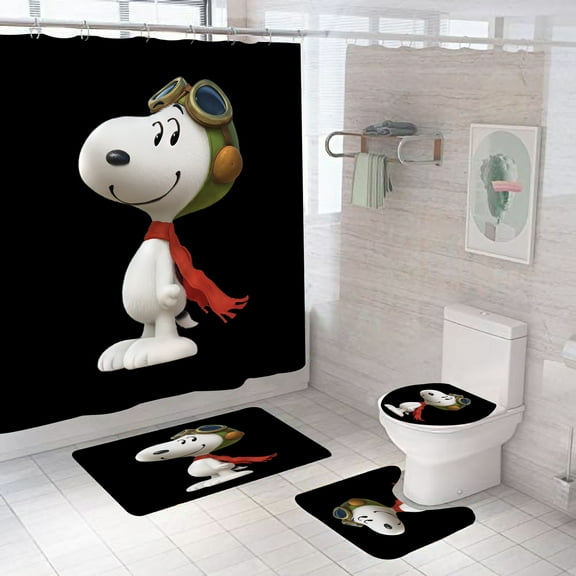 Cartoon Dog Snoopy Shower Curtain, Bathroom 4 Pieces Set Toilet Lid Cover and Bath Mat, Non-Slip Rugs, Durable and Waterproof, for Bathroom Decor Set, 72" x 72"