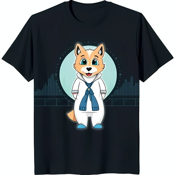 Cartoon Dog T-Shirt Black Tee with Sailor Dog Blue Circle & Stars Design