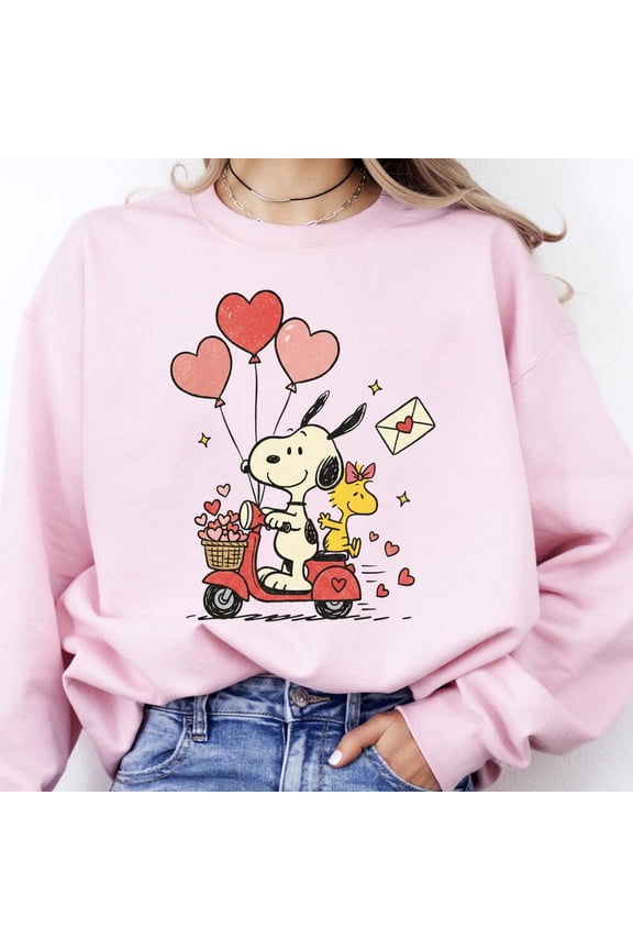 Cartoon Dog and Bird on Scooter Graphic Sweatshirt – Cute Love Theme Valentine Crewneck