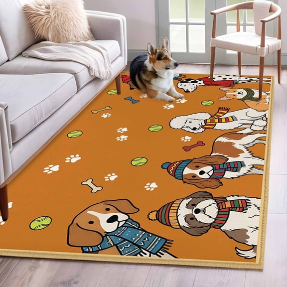 Cartoon Dogs Area Rugs 4'x6', Washable Small Throw Rugs for Office Bathroom, Orange Cute Animals Dogs Paws Prints Indoor Outdoor Rug Non-Slip Low Pile Carpet Runner Reversible Floor Mats