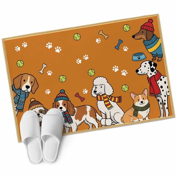 Cartoon Dogs Bathroom Rug Washable 2x3 Entryway Rug Non Slip Orange Cute Animals Dogs Paws Prints Front Door Mat Low Pile Indoor Doormat Throw Floor Carpet for Kitchen Bedroom Entrance