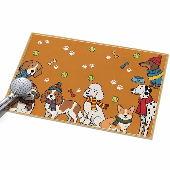 Cartoon Dogs Entryway Rug 2x3ft Washable Non Slip Bathroom Rug Low Pile Indoor Floor Front Door Mat Orange Cute Animals Dogs Paws Prints Rectangle Area Rugs Carpet for Kitchen Office Dining Room Home