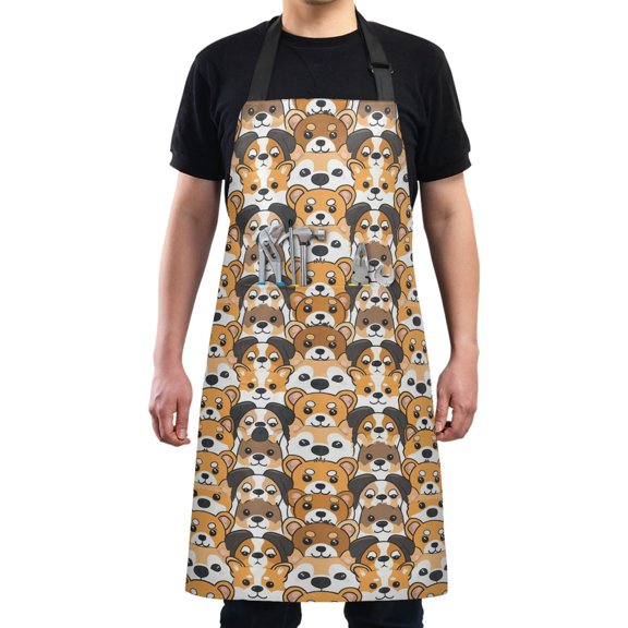 Cartoon Dogs Face Kitchen Apron with 2 Pockets Adjustable waterproof Cooking Aprons for Women Men Chef