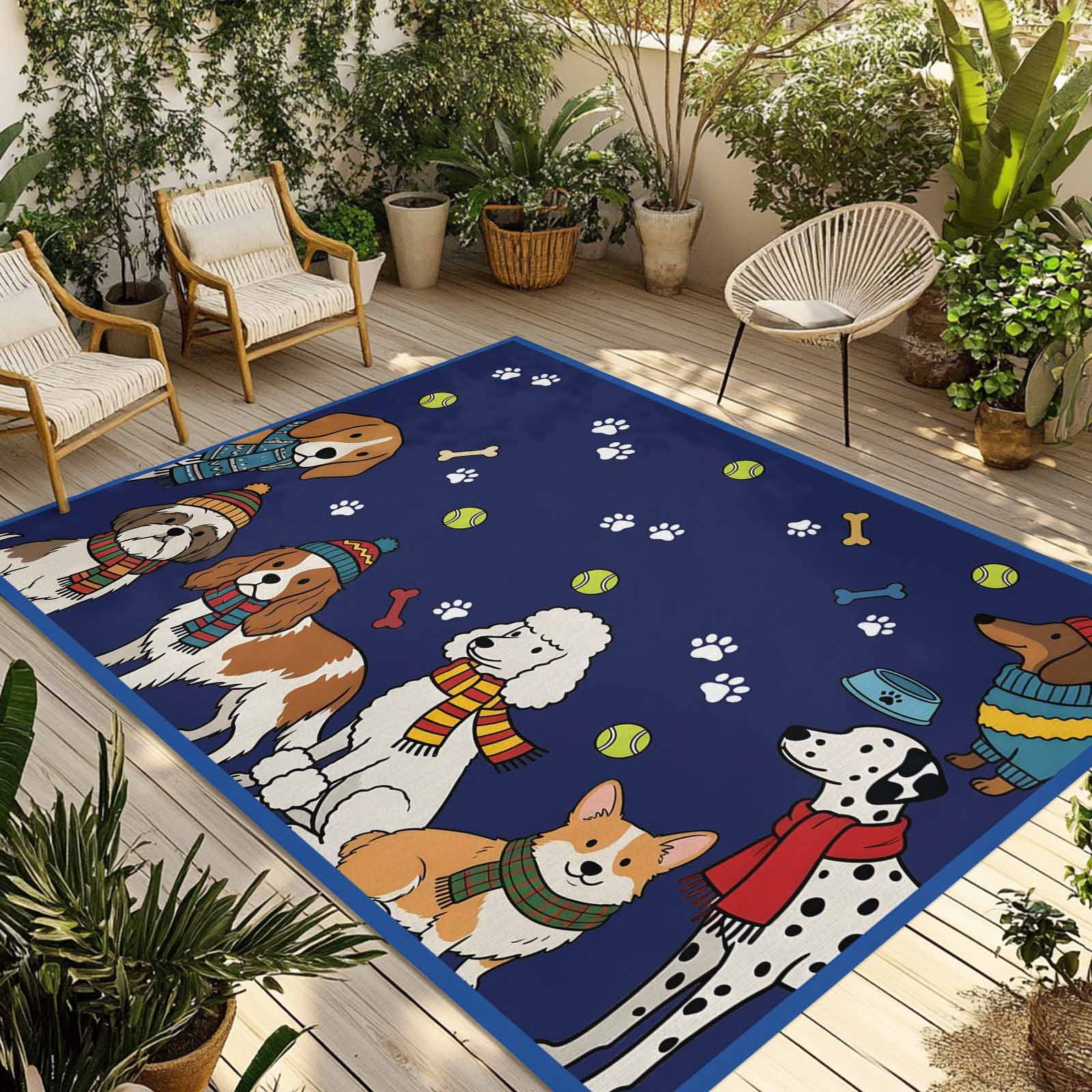 Small Dog Rug Cartoon Dogs Outdoor Rug for Patio/Deck/Porch, Non-Slip Large Area Rug ...