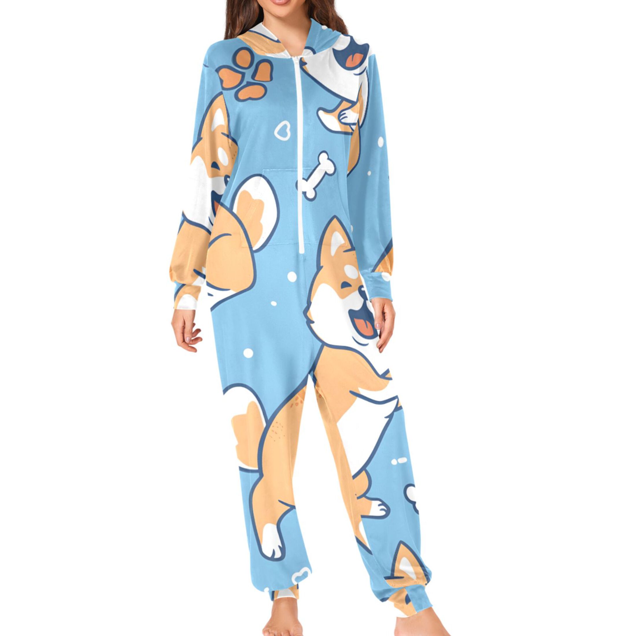Cartoon Dogs Paws Bones Hearts Adult's Hoodie Onesie Jumpsuit One-Piece Pajamas with Zipper Unisex for Holiday M