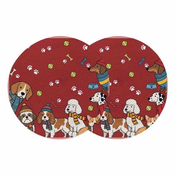 Cartoon Dogs Round 13 Inch Placemats Set of 2, Red Cute Animals Dogs Paws Prints HeatResistant Non Slip Place Mats for Dining Table, Wipeable Braided Kitchen Table Mats for Housewarming