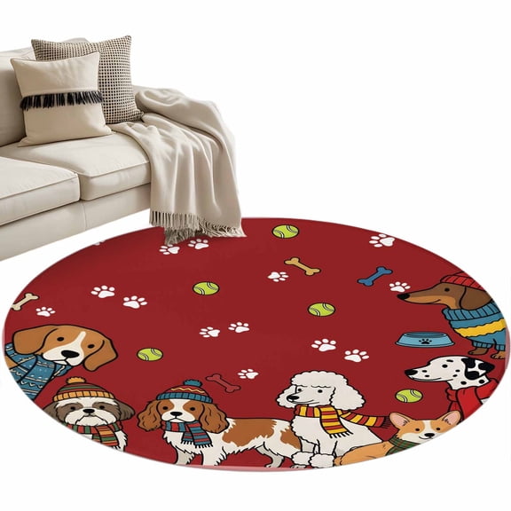 Cartoon Dogs Round Rug 3ft Washable Circle Entryway Rugs Non Slip Red Cute Animals Dogs Paws Prints Area Rug Indoor Floor Carpet for Bedroom Kitchen Living Room Home Office Dining Room Nursery