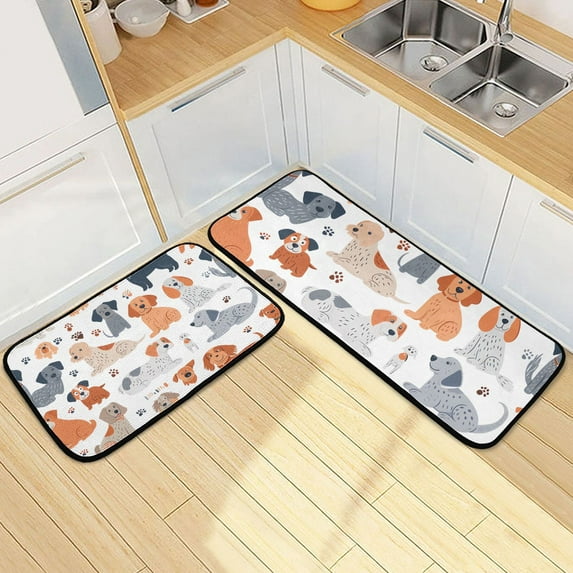 Cartoon Dogs and Footprints Kitchen Rugs Set of 2 Non Slip Floor Foam Mat Cushioned Soft Waterproof Carpet Runner for Dining Room Laundry