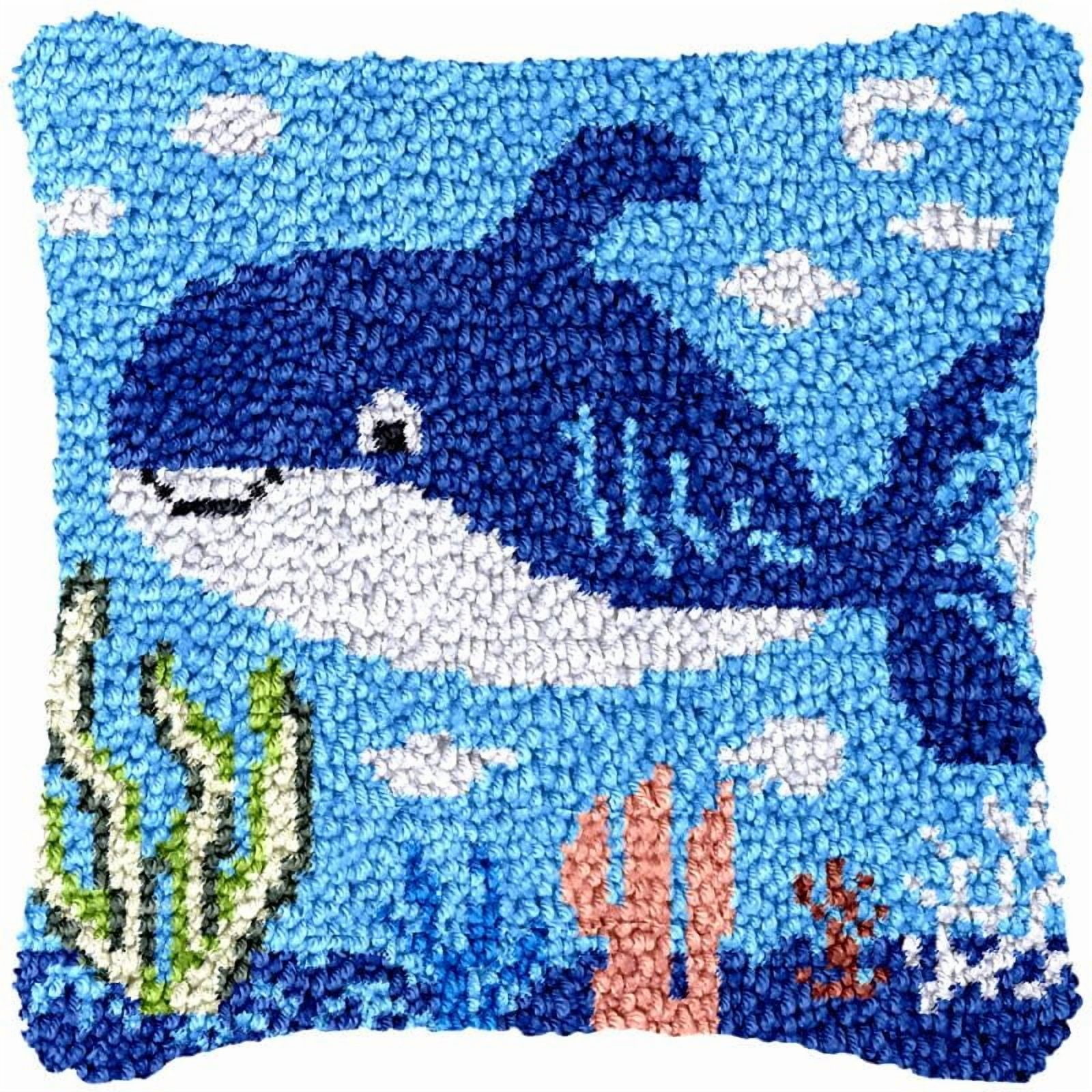 Cartoon Dolphin Latch Hook Pillow Cover Kits for DIY Handmade Throw Pillow Cross Stitch Latch Hook Pillowcase Rug Kits with Preprinted Color Pattern Canvas Crochet Yarn Kits 17''X 17''(ys150)