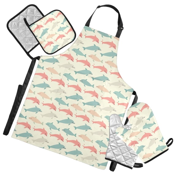 Cartoon Dolphins 5 Pcs Kitchen Set Heat Resistant Oven Mitts and Non-Slip Pot Holders with Adjustable Cooking Apron