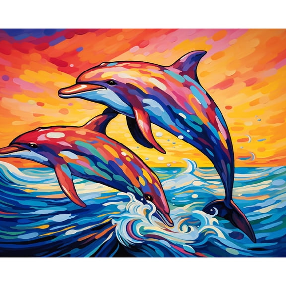 Cartoon Dolphins Jumping from Sea DIY 5D Diamond Art Painting by Number Kits for Adults Paint with Round Full Drill Diamond Gems Painting Art Craft for Home Wall Decor 11.8x15.8in