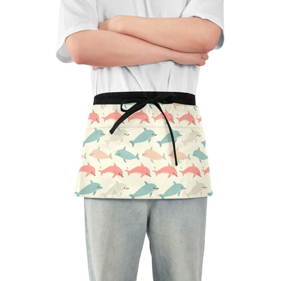 Cartoon Dolphins Server Apron with 3 Pockets Waterproof Waitress Waist Short Apron for Man Woman 12 Inches