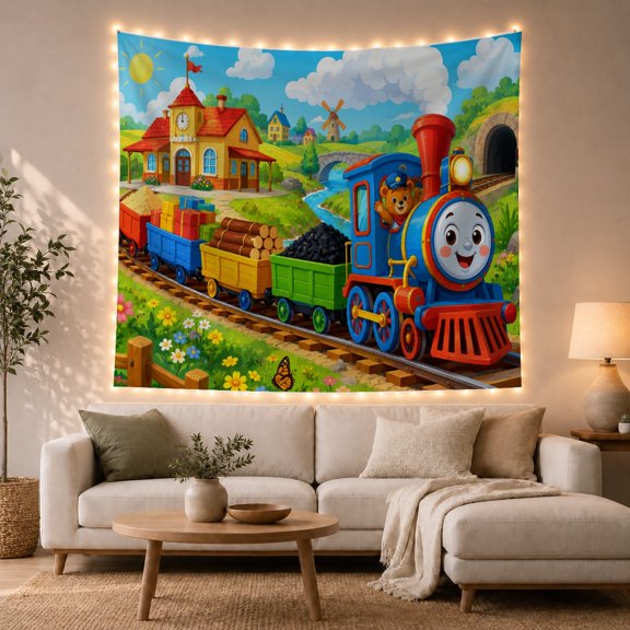 Cartoon Dominated by With Steam Locomotive Traveling Diagonally, Mystical Fantasy for Space Lovers, Galaxy Room Decor, Mother's Day Gift, Tapestry Wall Hanging for Bedroom and Dorm