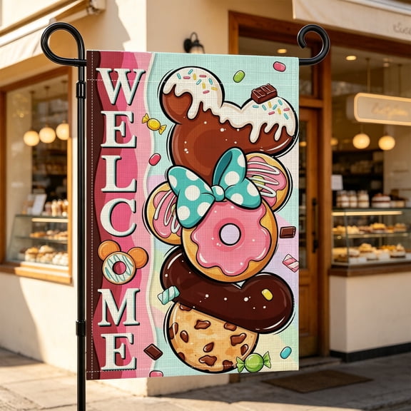 Cartoon Donut Cookie Dessert Pattern Polyester Garden Flag,12X18Inch,For Patio Decor