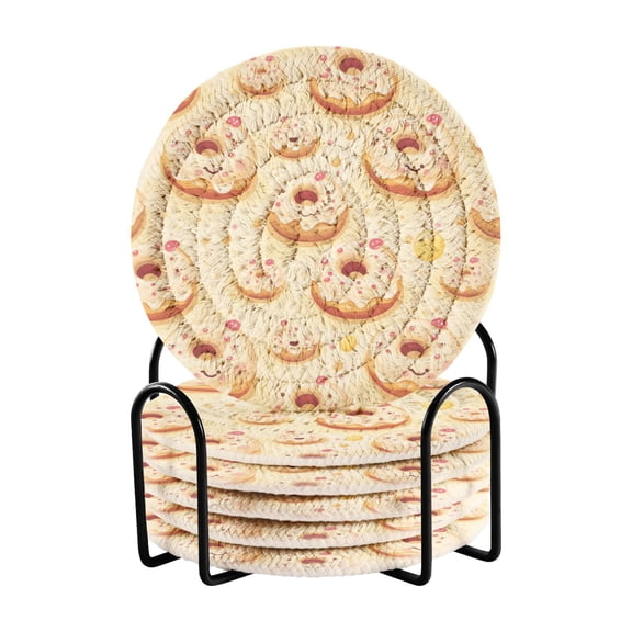 Cartoon Donut Print Drink Coasters with Holder Absorbent Coaster for Coffee Table Room Decor 6 Pack