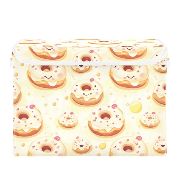 Cartoon Donut Print Large Storage Bins with Linen Collapsible Lid Storage Box 16.7 x 12.6 x 11.8in