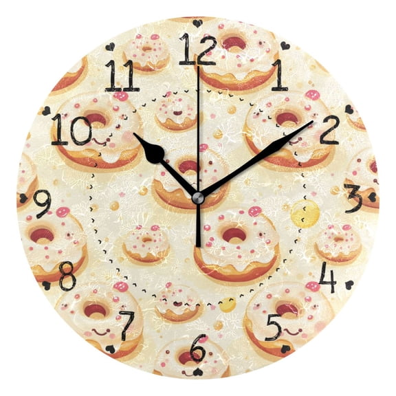 Cartoon Donut Print Round Wall Clock Silent Battery Operated Home Decor for Living Room Bedroom