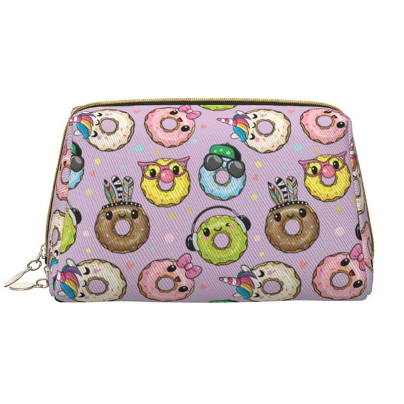 Cartoon Donut Prints Funny Makeup Bag, Large Capacity Travel Cosmetic Bag for Women Girls- Travel Toiletry Bag Leather Portable Waterproof Makeup Case Organizer with Handle