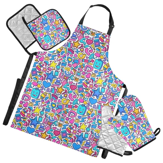 Cartoon Doodles and Playful Symbols 5 Pcs Kitchen Set Heat Resistant Oven Mitts and Non-Slip Pot Holders with Adjustable Cooking Apron