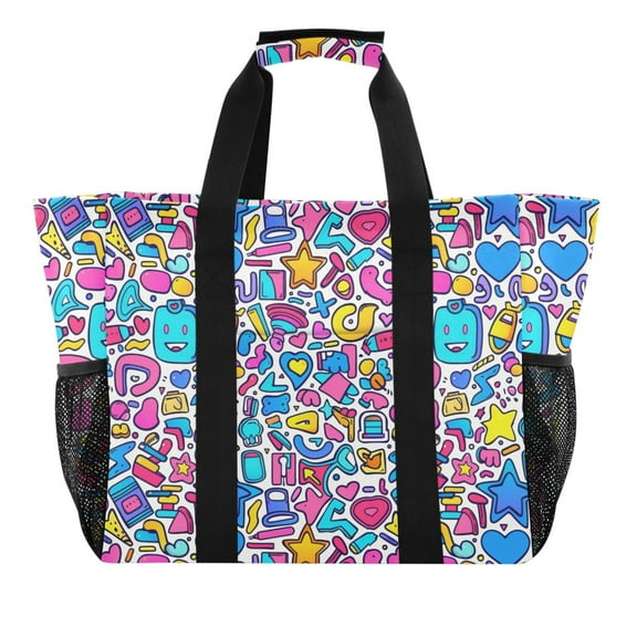 Cartoon Doodles and Playful Symbols Reusable Grocery Bags with Handle Side Pocket Waterproof Shopping Portable Tote