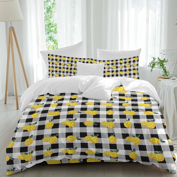 Cartoon Dot Lemon on Buffalo Plaid Queen Size Bed Set,Rustic Black White Checkered Bedding for All Seasons,4 Pcs Bed Set,1 Quiltcover (90"x92"),1 Sheet(94"x116"),2 Pillowcases (30"x20")