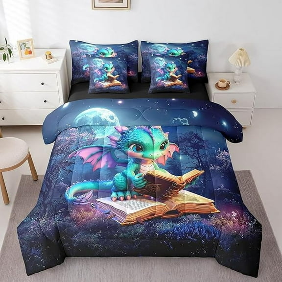 Cartoon Dragon Bedding Set,MErosebridalerious Jungle Moon Night Twin Comforter Set with Sheets Teens Room Decor,Western Animal Bed in a Bag 7 Piece for Bedroom Living Room