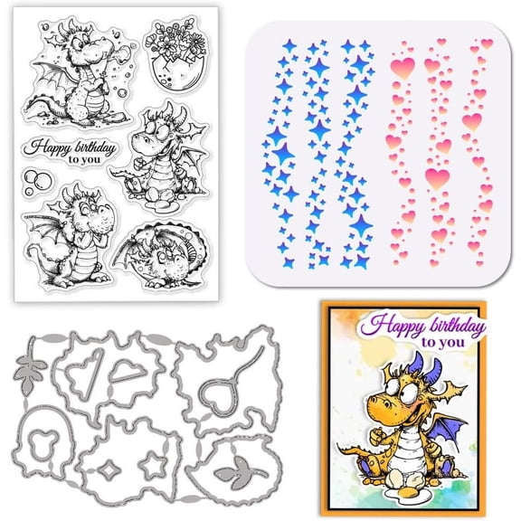 Cartoon Dragon Clear Stamp Love Heart Leaf Cutting Die Star PET Paint Craft Template Stencils Set DIY