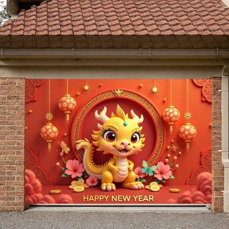 Cartoon Dragon Happy New Year Banner Red Background Dragon New Year Display Golden Decoration Lantern Pattern Lunar New Year Backdrop for New Year Party Lunar Festival Home Decoration