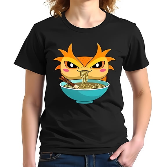 Cartoon Dragon Noodle Slurping Graphic Cotton Short Sleeve T-Shirt for Anime Fans