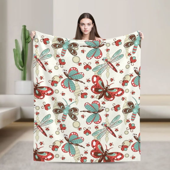 Cartoon Dragonfly Ladybug Blanket, Gifts for Men Women, Cozy Warm Flannel Throw Blankets for Home Decor Bed Couch 60"x50"