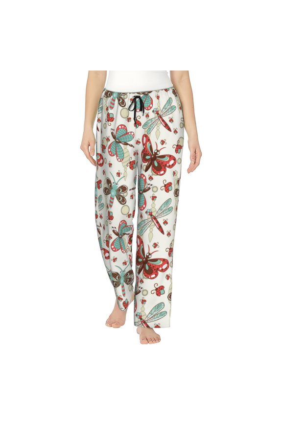 Cartoon Dragonfly Ladybug Women's Comfy Pajama Pants with Pockets,Soft Stretch Drawstring Lounge Pants, Soft Casual Wide Leg PJS Sleep Bottoms Small