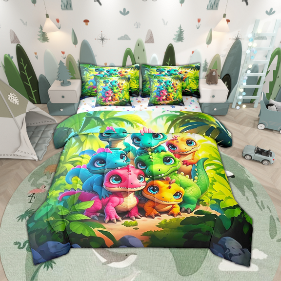 Cartoon Dragons Bedding Queen Size , Comforter Sets with Sheets, Cute Stars Reversible, 7pcs