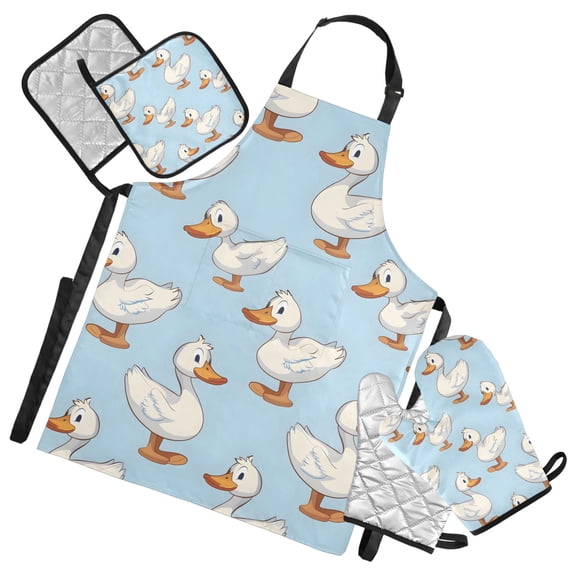 Cartoon Duck 5 Pcs Kitchen Set Heat Resistant Oven Mitts and Non-Slip Pot Holders with Adjustable Cooking Apron