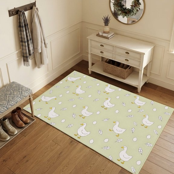 Cartoon Duck Area Rugs 3'x5', Washable Small Throw Rugs for Living Room Bedroom, Funny Animals Eggs Feathers Light Green Indoor Outdoor Rug Non-Slip Low Pile Carpet Runner Reversible Floor Mats