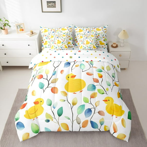 Cartoon Duck Bed in a Bag 7 Pieces Boho Floral Bedding Set, Colorful Leaves Full Size Comforter Set Abstract Watercolor Plant Bedding Comforter Sets, Farmhouse Animal Bed Set