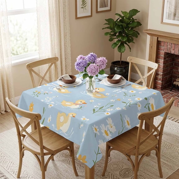 Cartoon Duck Flowers Square Tablecloth 54x54 Inch Watercolor Blue Waterproof Polyester Tablecloth for Dining Table, Washable Table Cover for Kitchen Dining Room Wedding Decoration,Stain Resistant