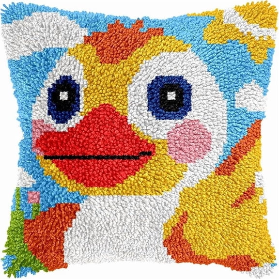 Cartoon Duck Latch Hook Pillow Kits for DIY Throw Pillow Cross Stitch Hooking Pillowcase Kits with Preprinted Color Pattern Canvas Cushion Kits 17''X 17''(a-259)