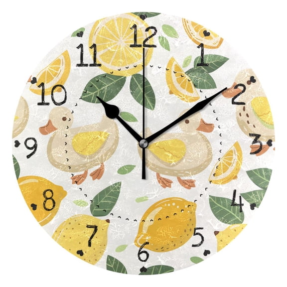 Cartoon Duck Lemon Leaves Round Wall Clock Silent Analog Battery Operated Black Pointer Home Decor 9.84" Diameter