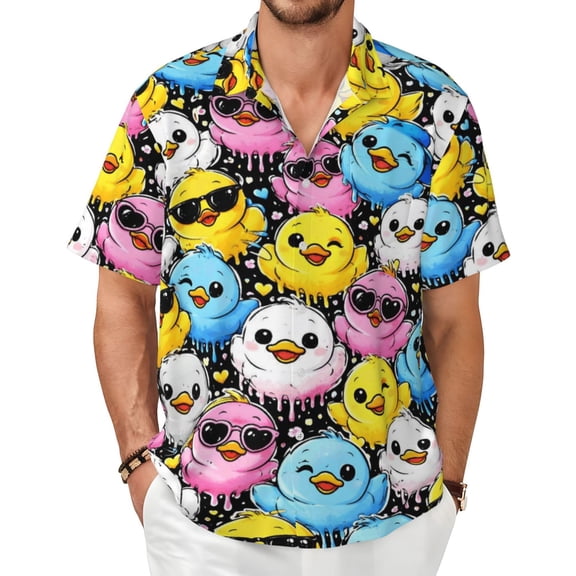 Cartoon Duck Men's Shirts Short-Sleeved with All-Over Prints Button-Up Shirts
